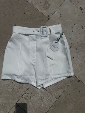 High-Waist White Belted Tailored Shorts by milk & honey
